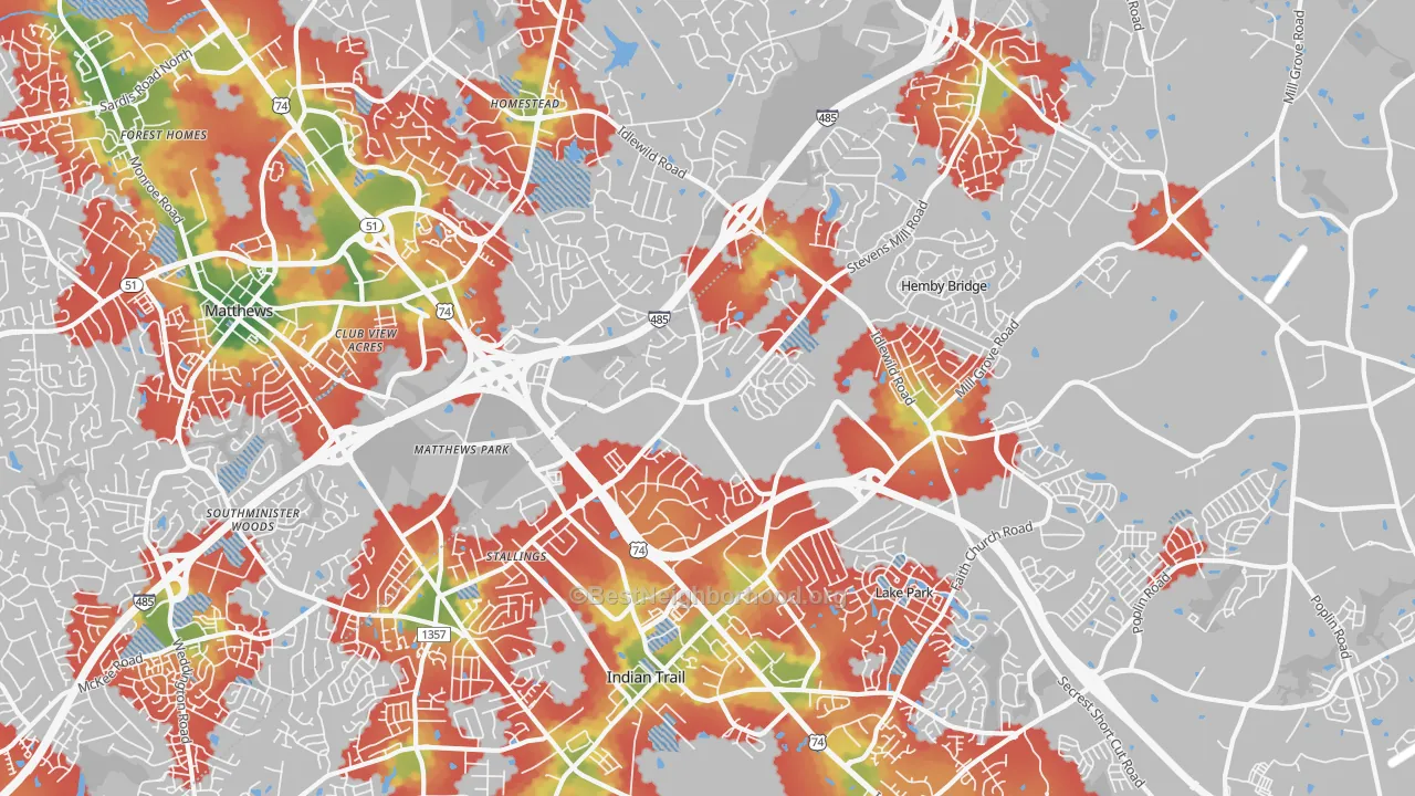 Walk Grade map of Stallings, NC, walkable areas in green and car-dependent areas in red