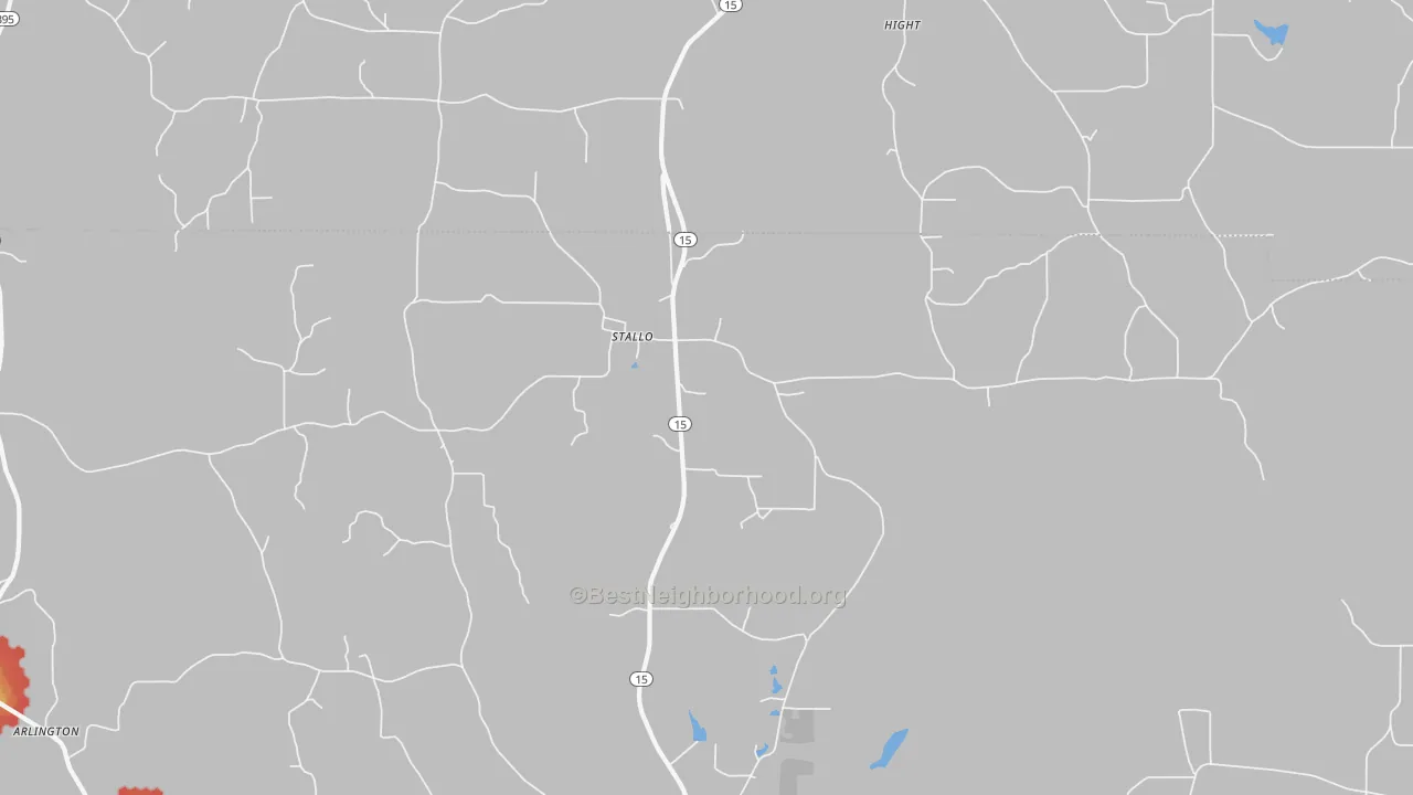 Walk Grade map of Stallo, MS, walkable areas in green and car-dependent areas in red