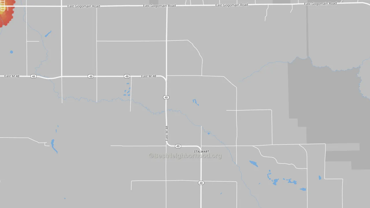 Walk Grade map of Stalwart, MI, walkable areas in green and car-dependent areas in red
