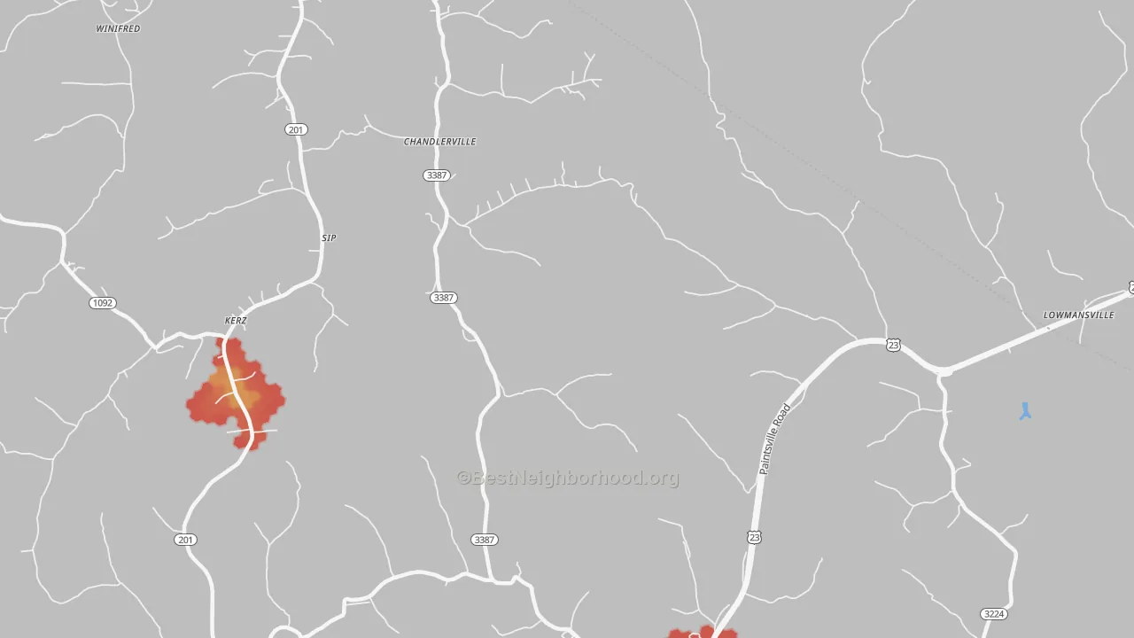 Walk Grade map of Stambaugh, KY, walkable areas in green and car-dependent areas in red