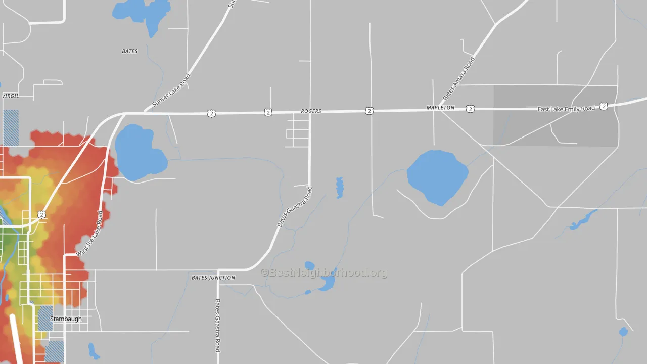 Walk Grade map of Stambaugh, MI, walkable areas in green and car-dependent areas in red