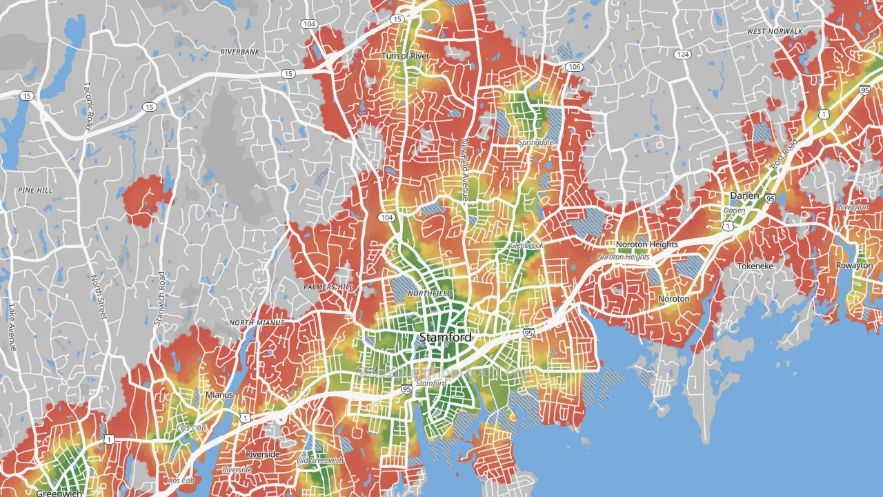 Walk Grade map of Stamford, CT, walkable areas in green and car-dependent areas in red