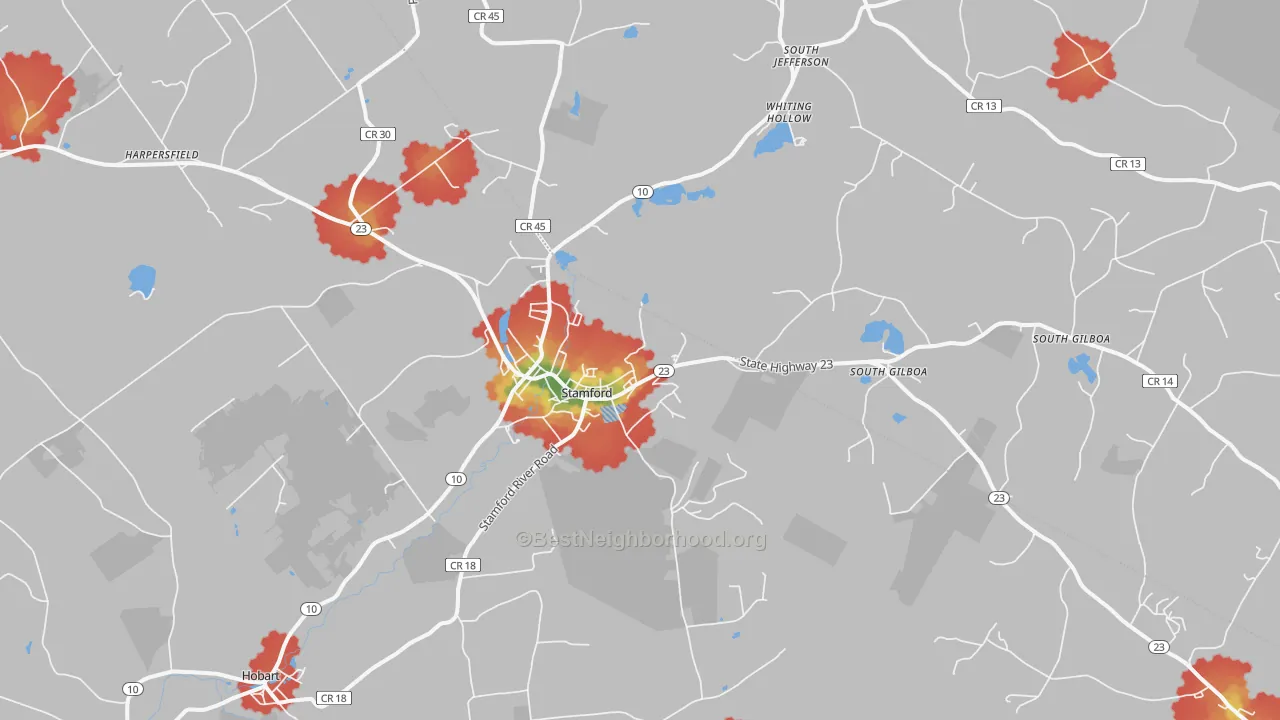 Walk Grade map of Stamford, NY, walkable areas in green and car-dependent areas in red