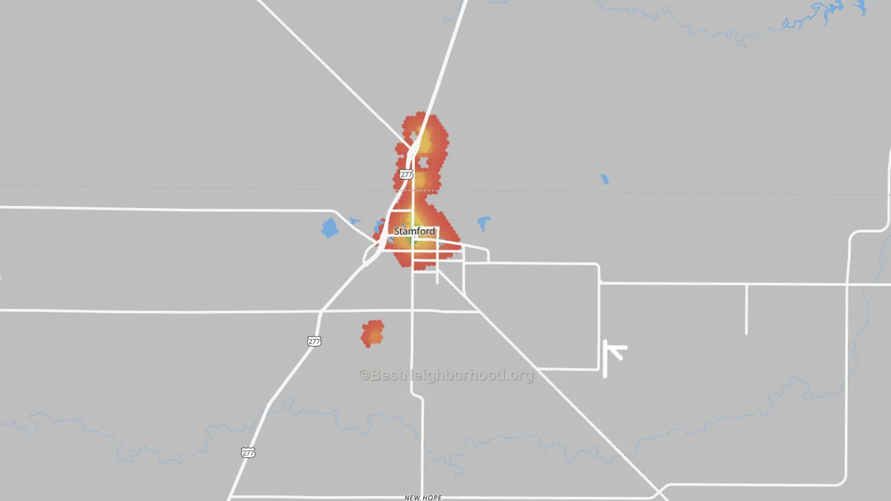 Walk Grade map of Stamford, TX, walkable areas in green and car-dependent areas in red