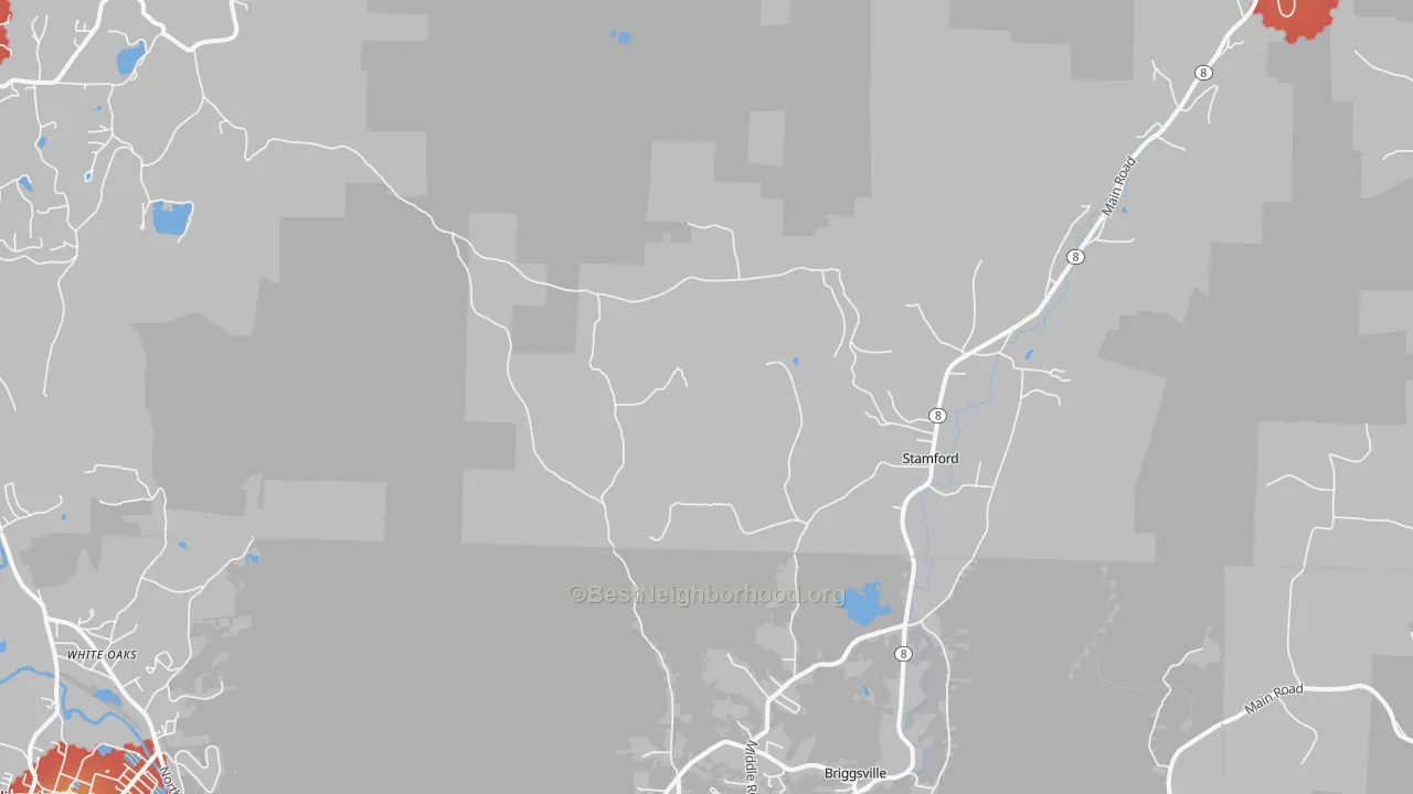 Walk Grade map of Stamford, VT, walkable areas in green and car-dependent areas in red