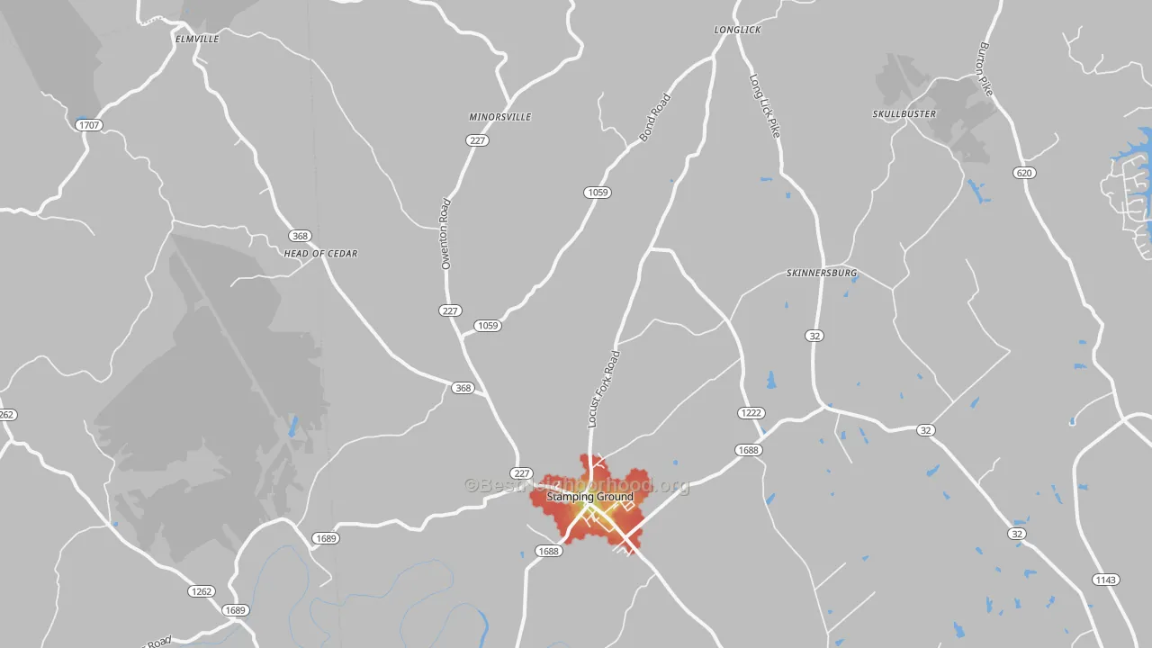 Walk Grade map of Stamping Ground, KY, walkable areas in green and car-dependent areas in red
