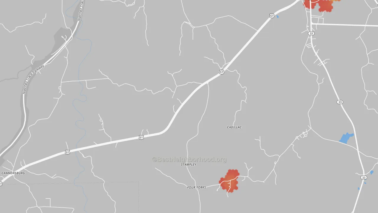 Walk Grade map of Stampley, MS, walkable areas in green and car-dependent areas in red