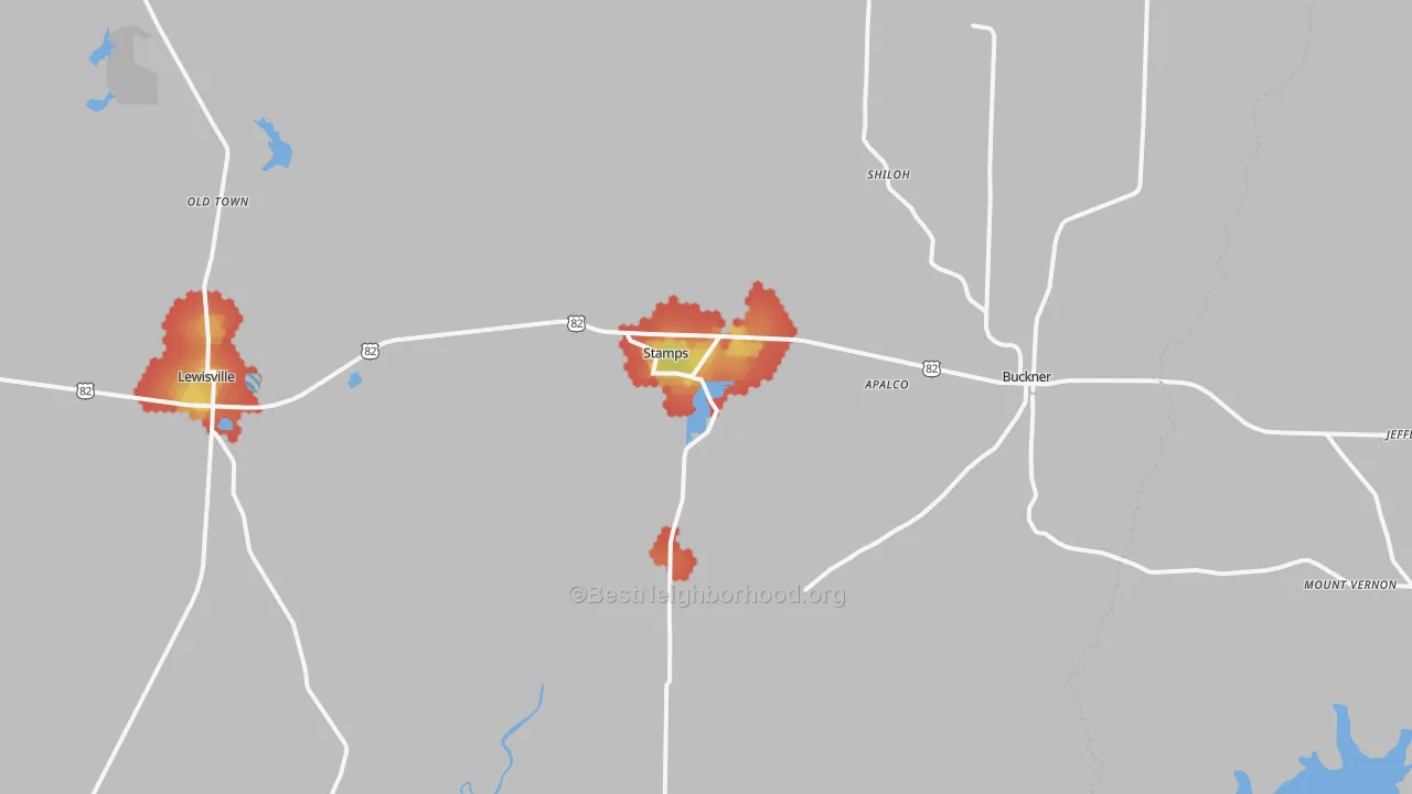 Walk Grade map of Stamps, AR, walkable areas in green and car-dependent areas in red