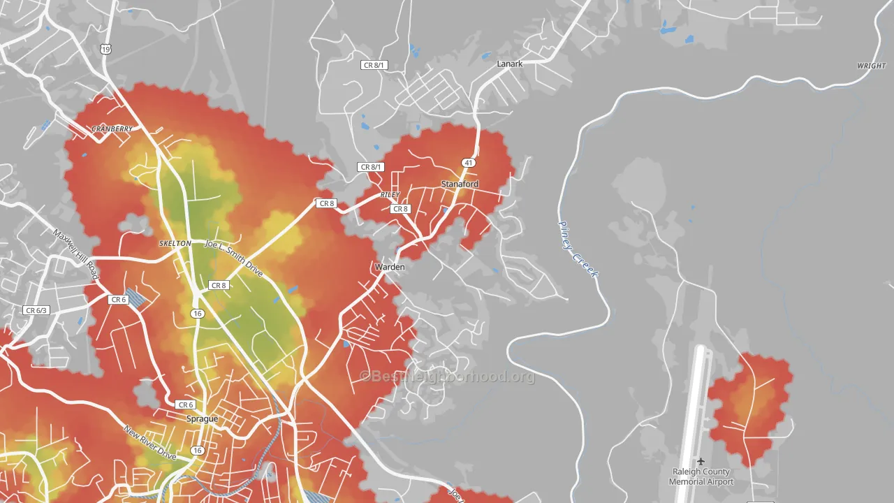 Walk Grade map of Stanaford, WV, walkable areas in green and car-dependent areas in red