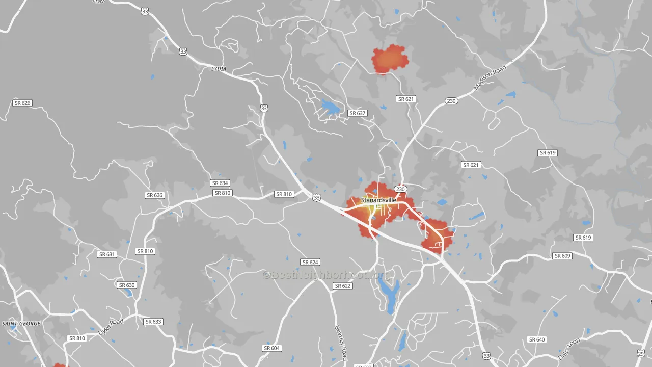 Walk Grade map of Stanardsville, VA, walkable areas in green and car-dependent areas in red