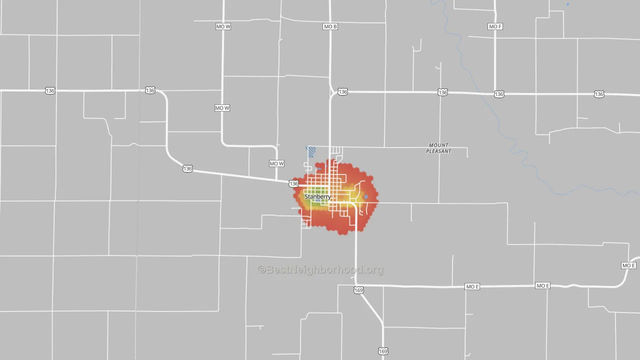 Walk Grade map of Stanberry, MO, walkable areas in green and car-dependent areas in red