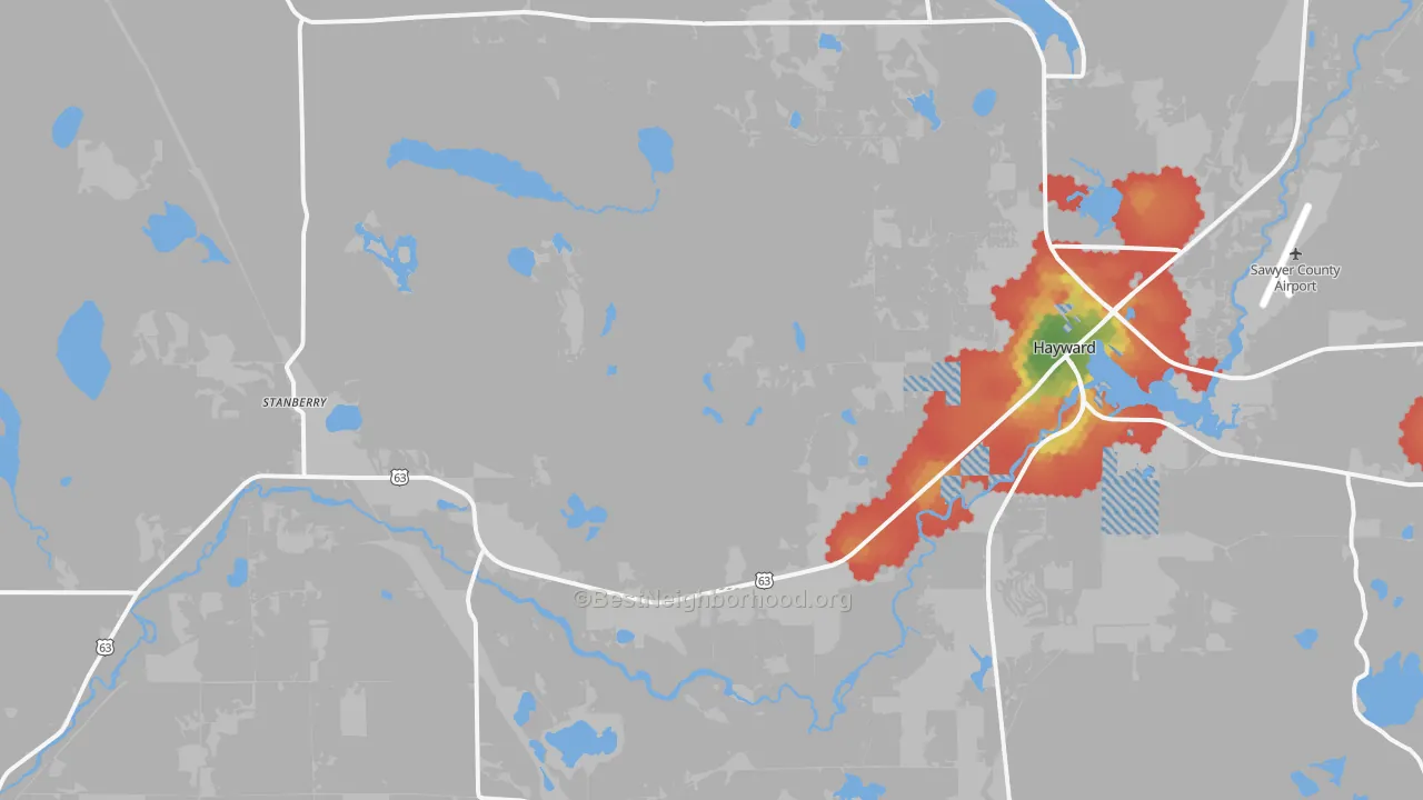 Walk Grade map of Stanberry, WI, walkable areas in green and car-dependent areas in red