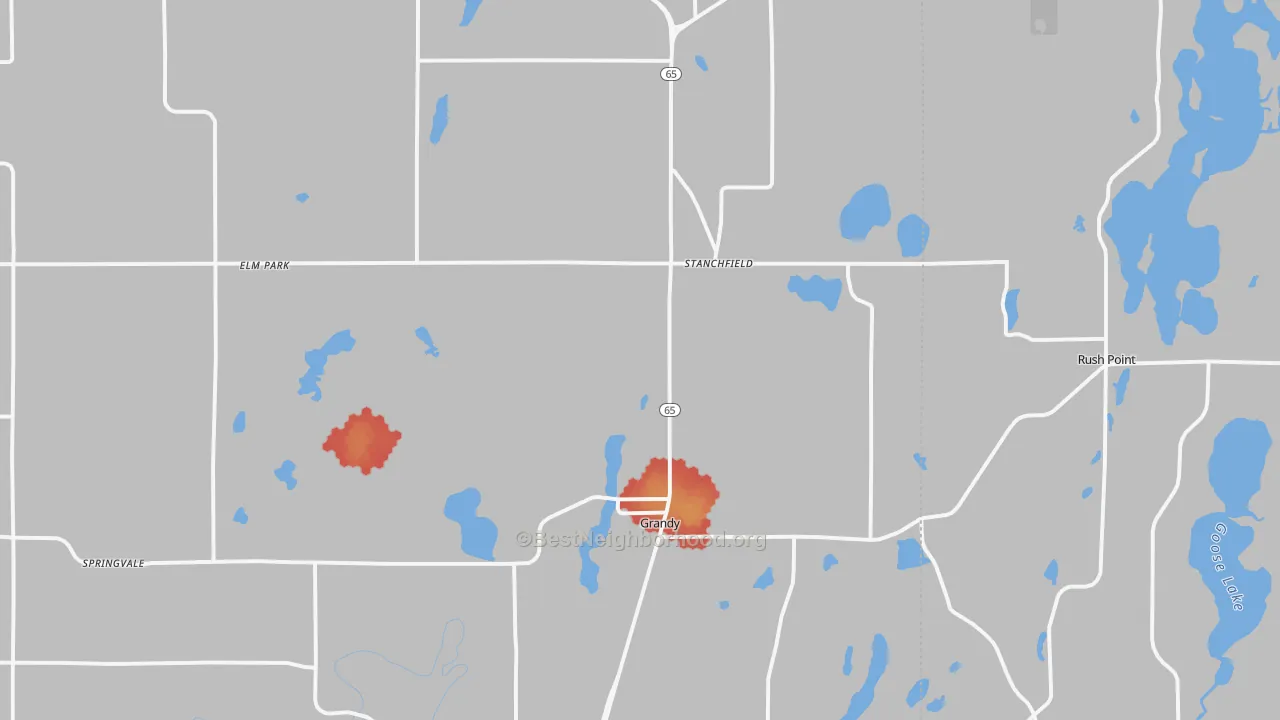 Walk Grade map of Stanchfield, MN, walkable areas in green and car-dependent areas in red
