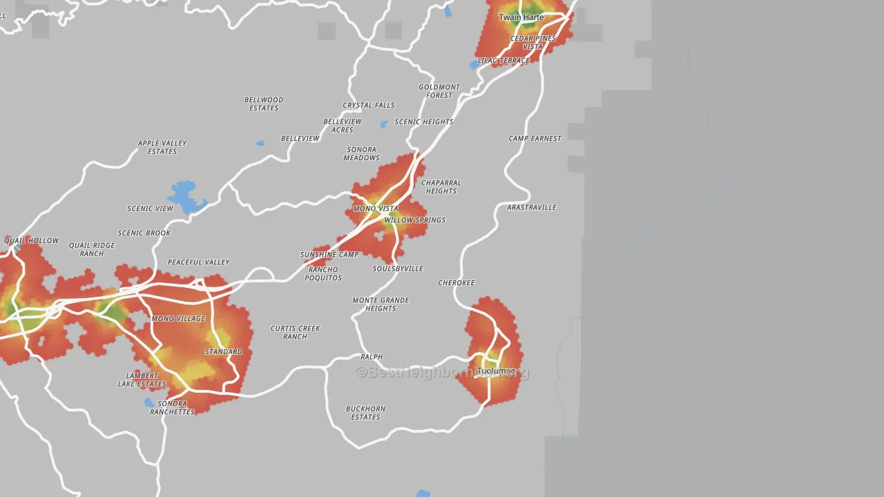 Walk Grade map of Standard, CA, walkable areas in green and car-dependent areas in red