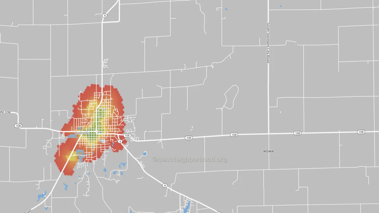 Walk Grade map of Standard City, IL, walkable areas in green and car-dependent areas in red