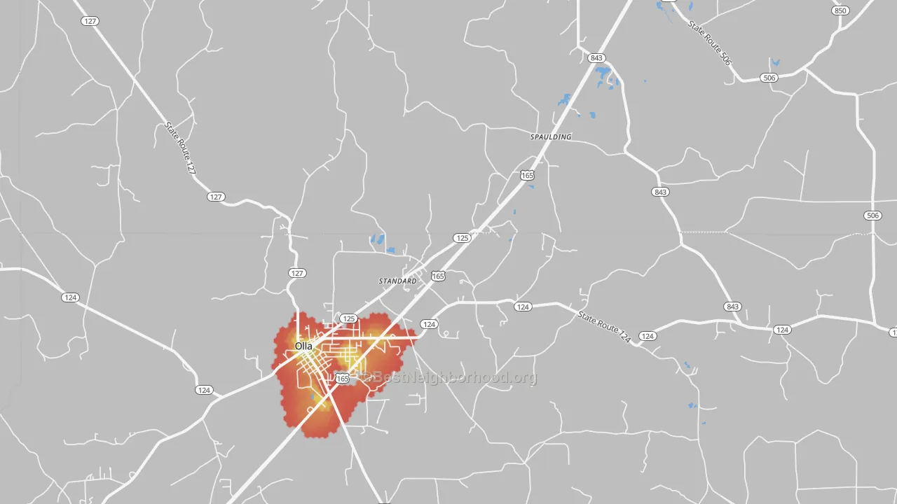 Walk Grade map of Standard, LA, walkable areas in green and car-dependent areas in red