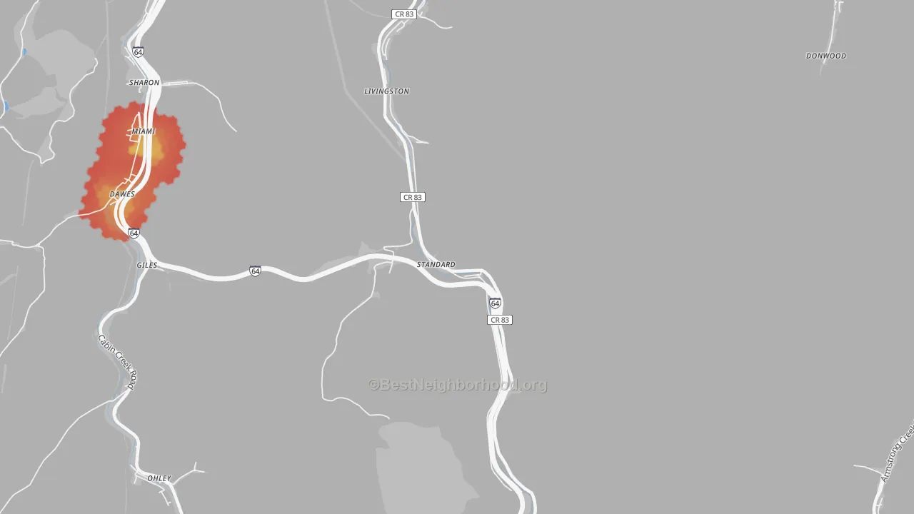 Walk Grade map of Standard, WV, walkable areas in green and car-dependent areas in red