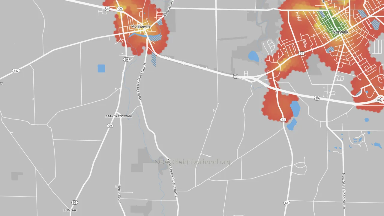 Walk Grade map of Standardsburg, OH, walkable areas in green and car-dependent areas in red