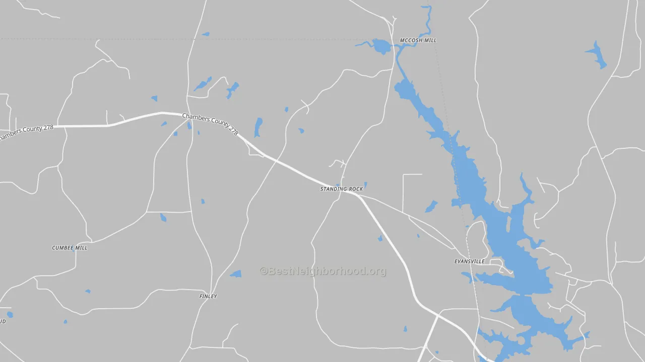 Walk Grade map of Standing Rock, AL, walkable areas in green and car-dependent areas in red