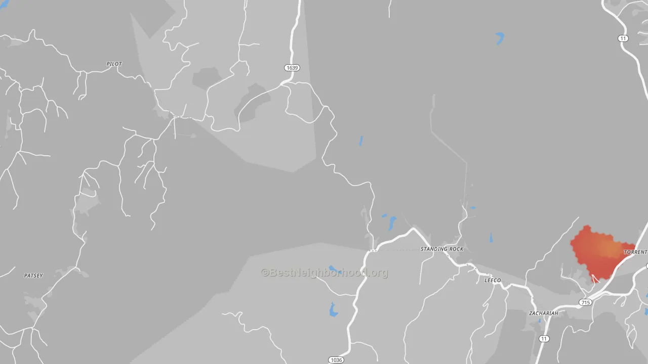 Walk Grade map of Standing Rock, KY, walkable areas in green and car-dependent areas in red