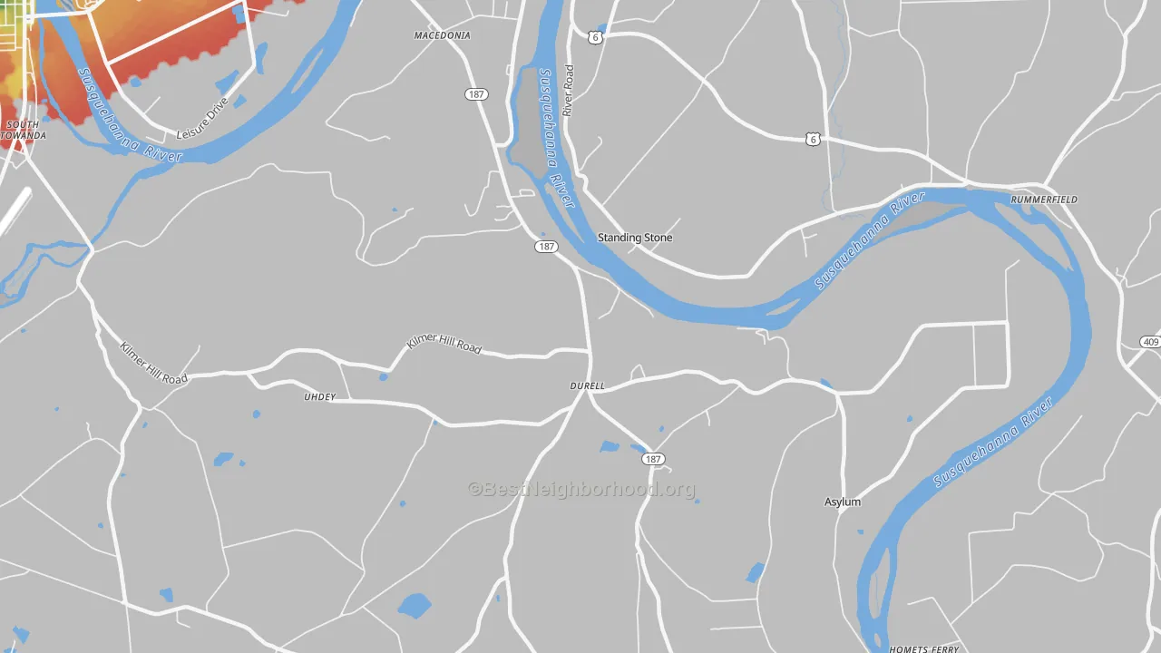 Walk Grade map of Standing Stone, PA, walkable areas in green and car-dependent areas in red