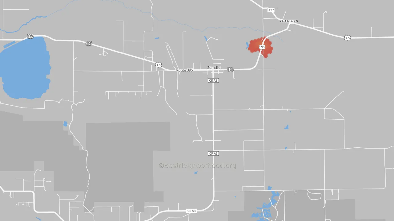 Walk Grade map of Standish, CA, walkable areas in green and car-dependent areas in red