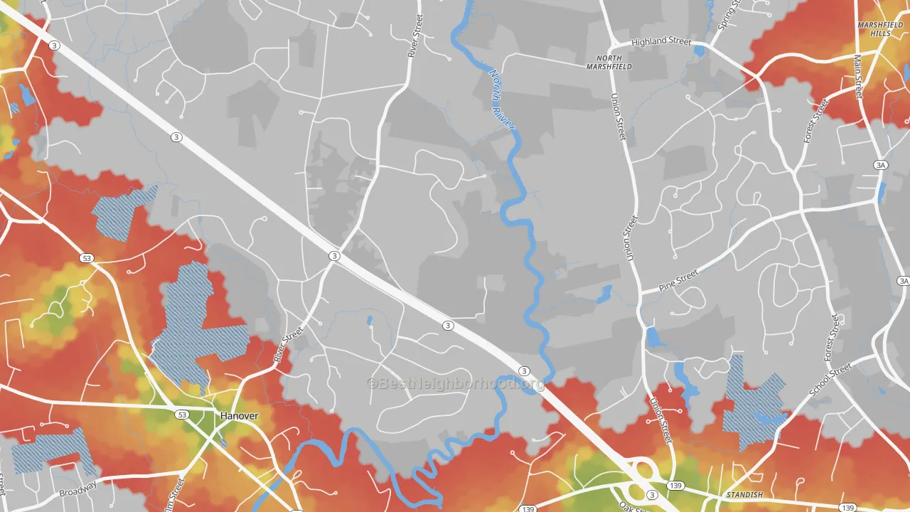 Walk Grade map of Standish, MA, walkable areas in green and car-dependent areas in red