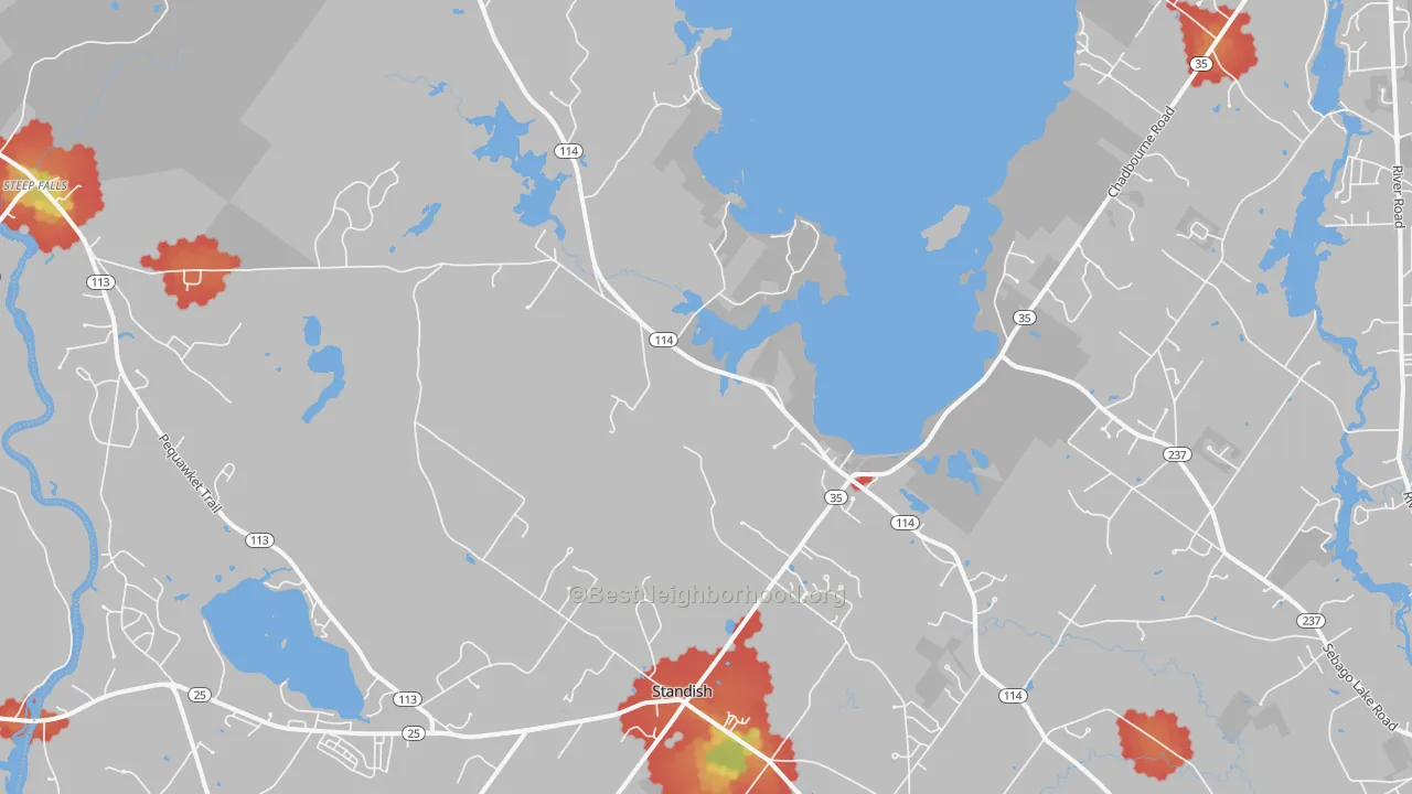 Walk Grade map of Standish, ME, walkable areas in green and car-dependent areas in red