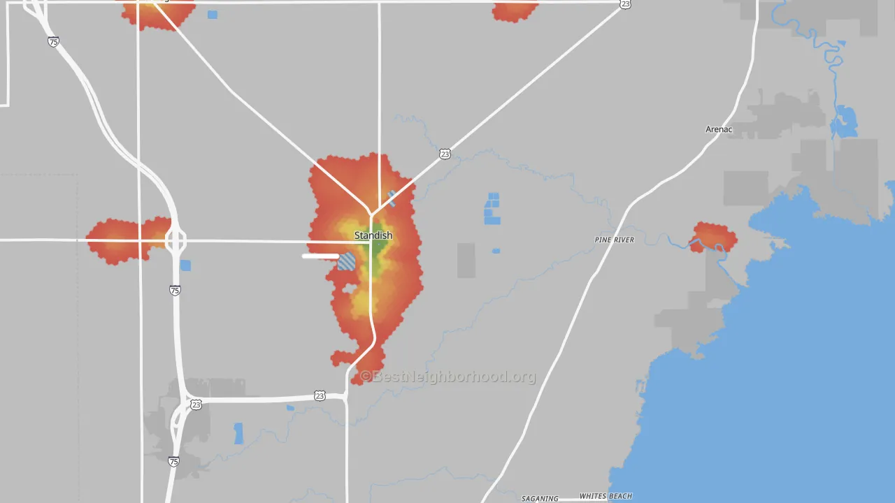 Walk Grade map of Standish, MI, walkable areas in green and car-dependent areas in red