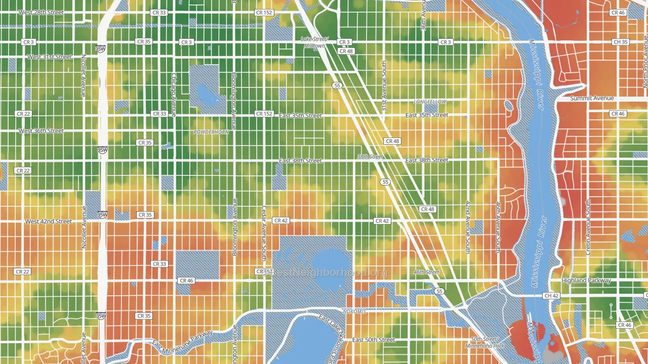 Walk Grade map of Standish, Minneapolis, MN, walkable areas in green and car-dependent areas in red