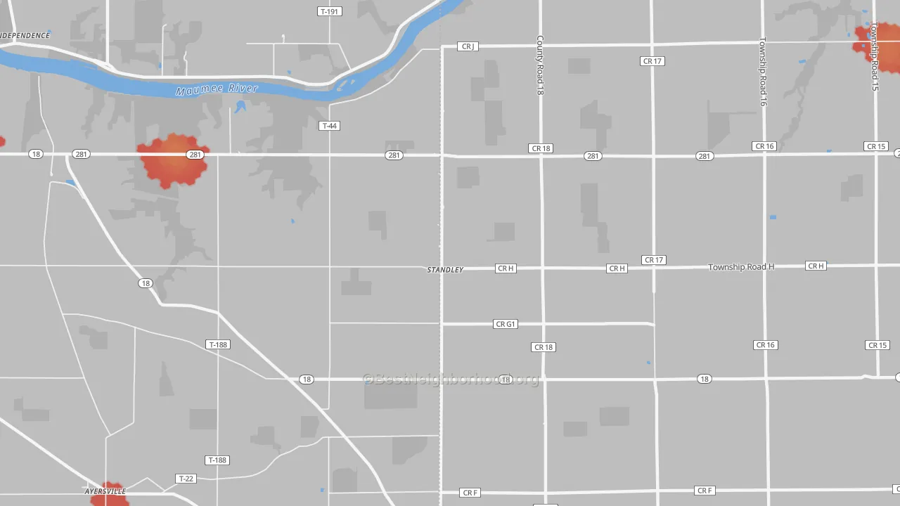 Walk Grade map of Standley, OH, walkable areas in green and car-dependent areas in red