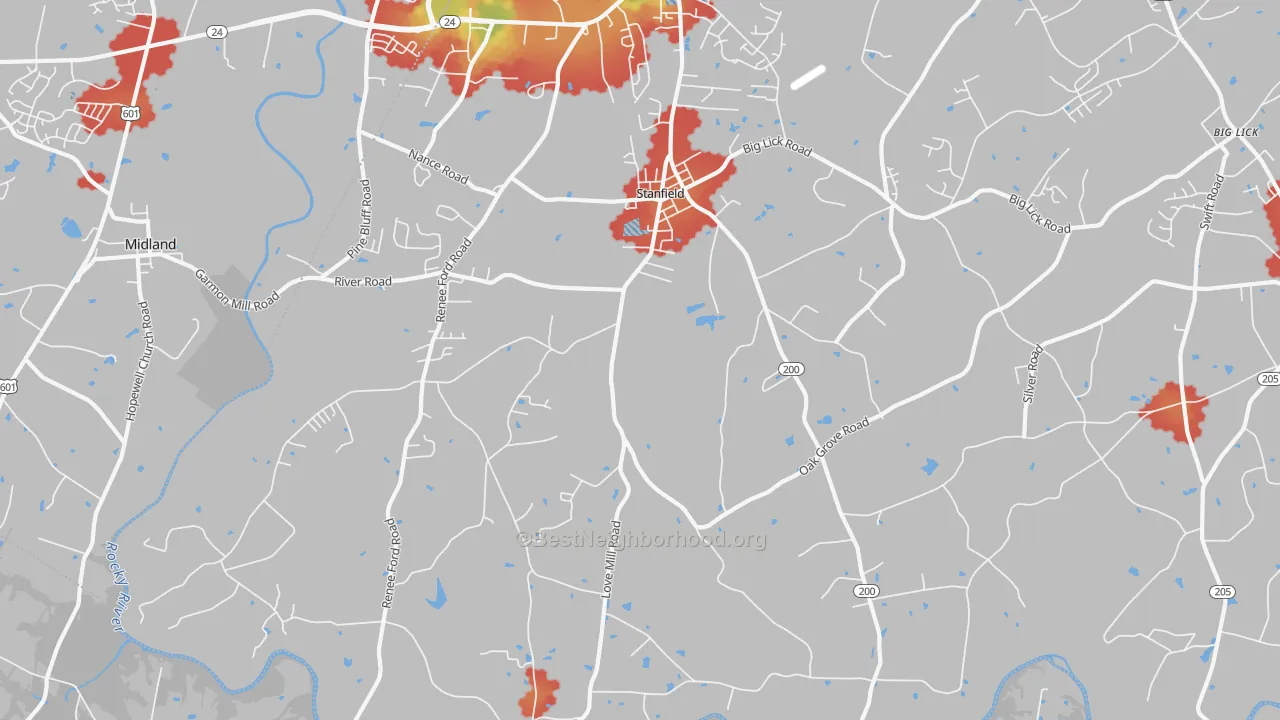 Walk Grade map of Stanfield, NC, walkable areas in green and car-dependent areas in red