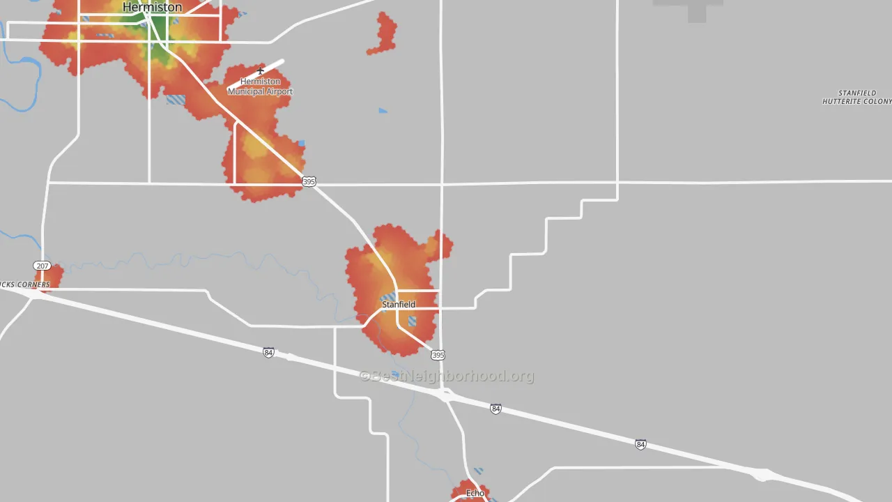 Walk Grade map of Stanfield, OR, walkable areas in green and car-dependent areas in red