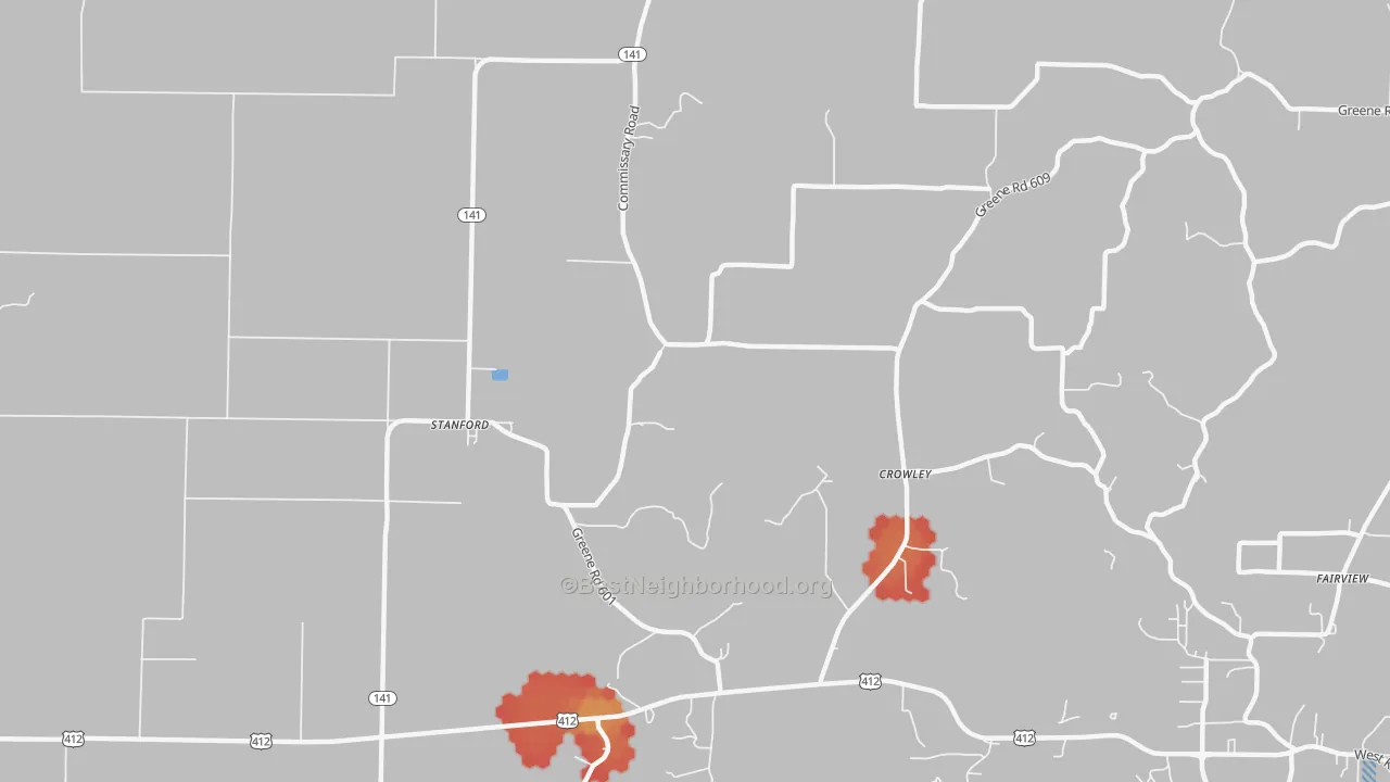 Walk Grade map of Stanford, AR, walkable areas in green and car-dependent areas in red
