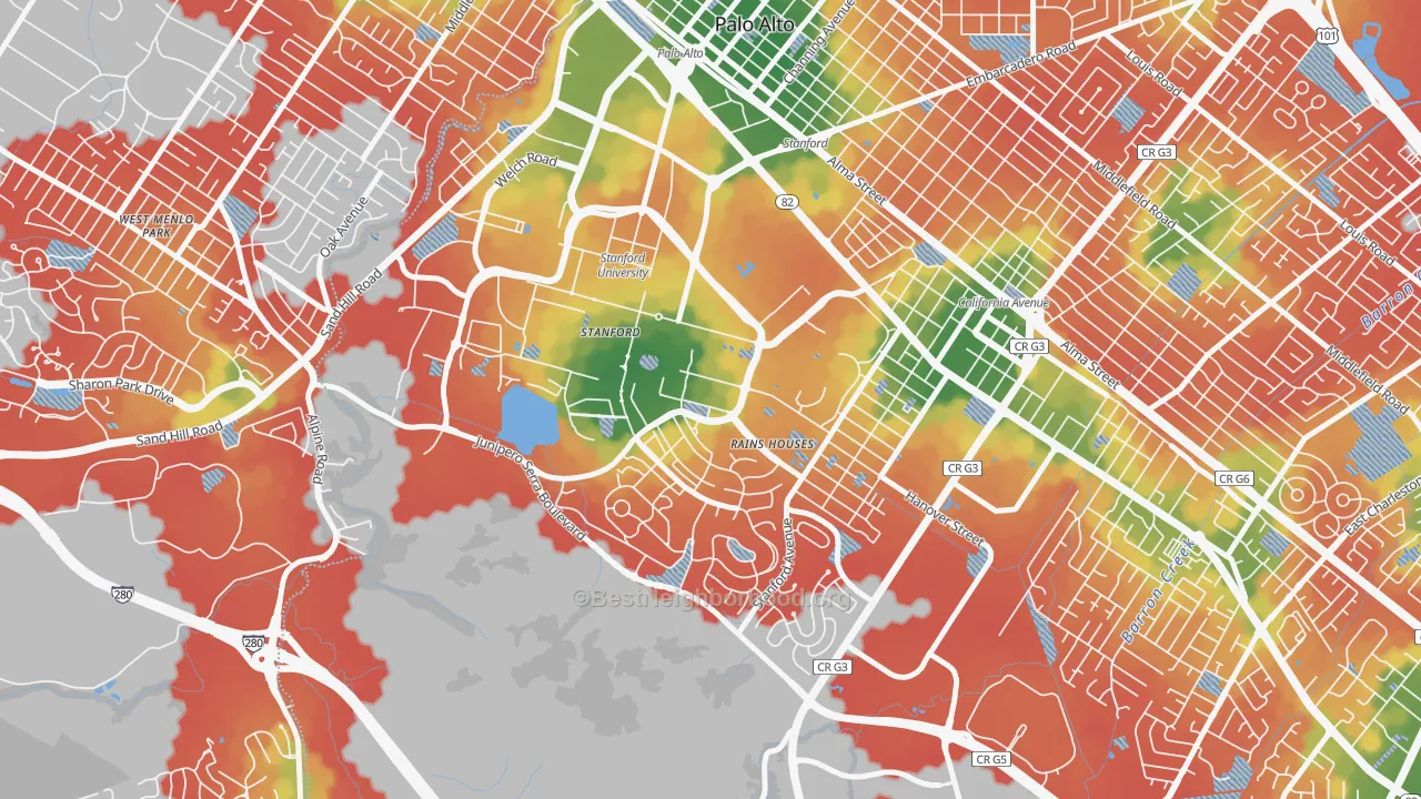 Walk Grade map of Stanford, CA, walkable areas in green and car-dependent areas in red