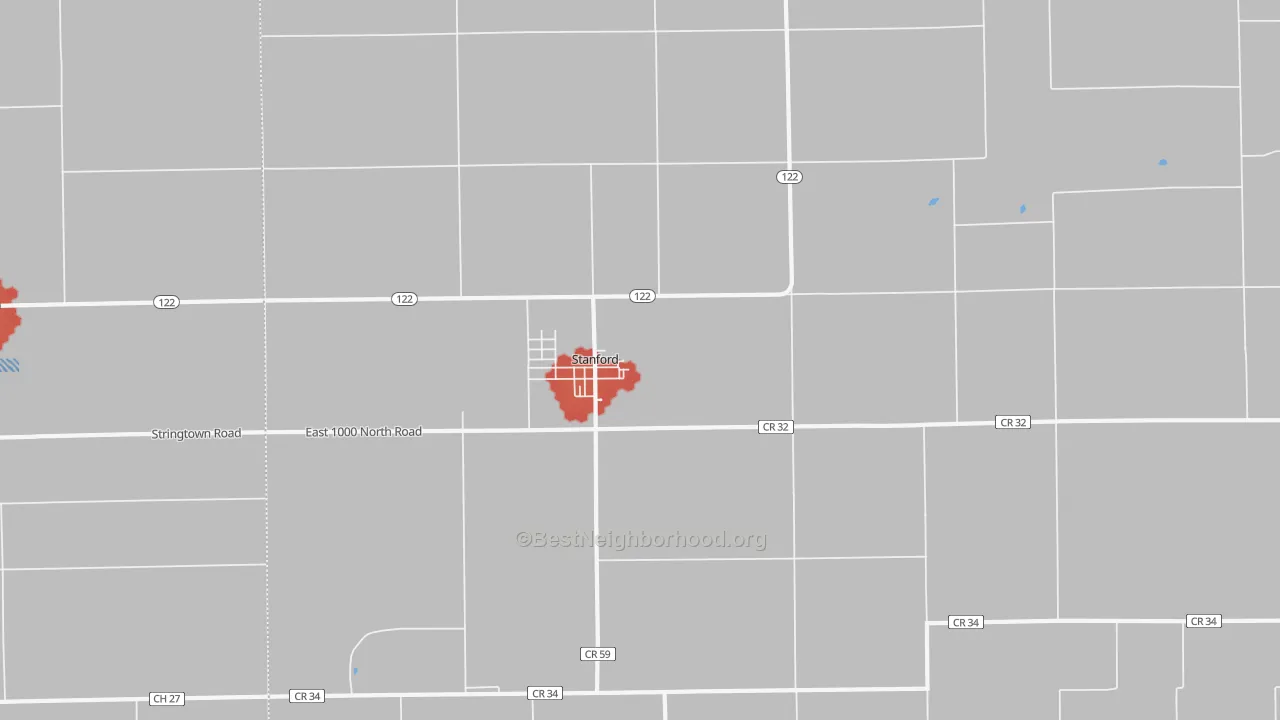 Walk Grade map of Stanford, IL, walkable areas in green and car-dependent areas in red
