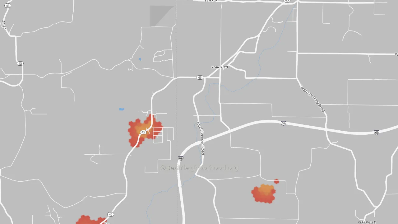 Walk Grade map of Stanford, IN, walkable areas in green and car-dependent areas in red