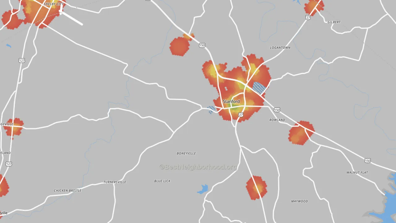 Walk Grade map of Stanford, KY, walkable areas in green and car-dependent areas in red
