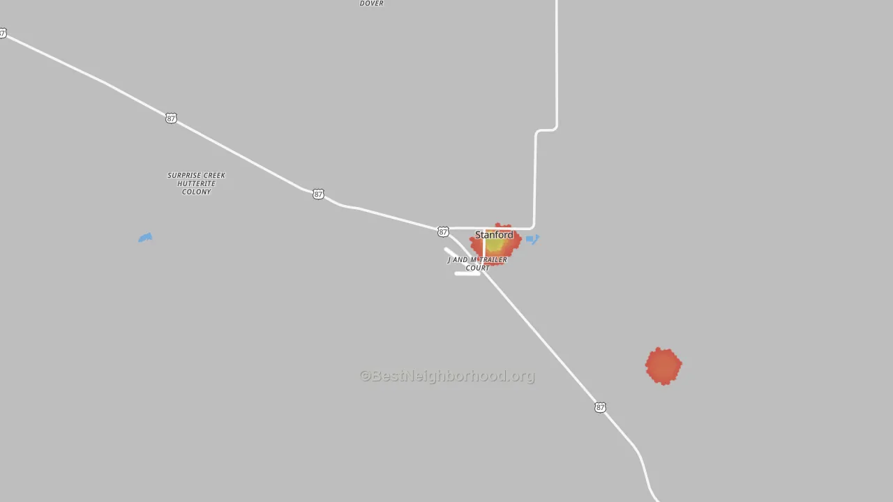 Walk Grade map of Stanford, MT, walkable areas in green and car-dependent areas in red