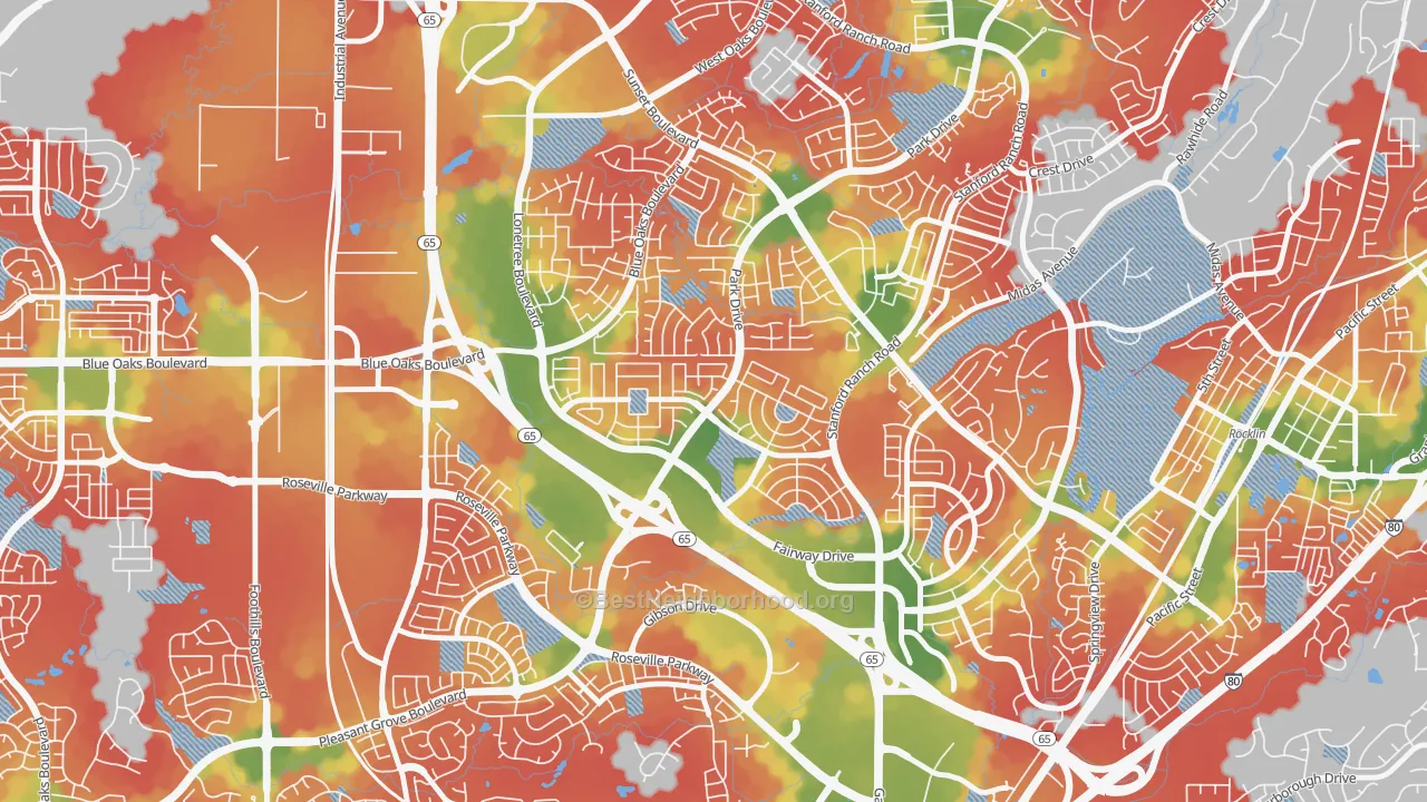 Walk Grade map of Stanford, Roseville, CA, walkable areas in green and car-dependent areas in red