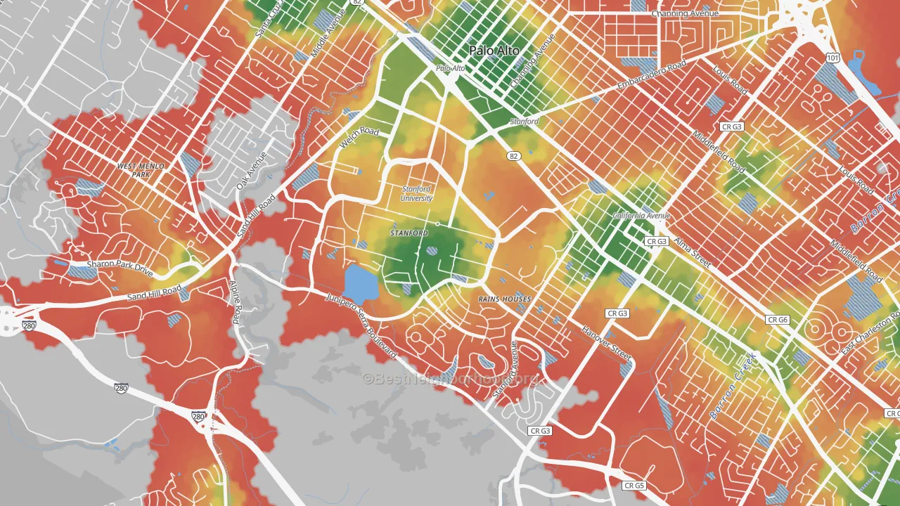 Walk Grade map of Stanford University, Stanford, CA, walkable areas in green and car-dependent areas in red