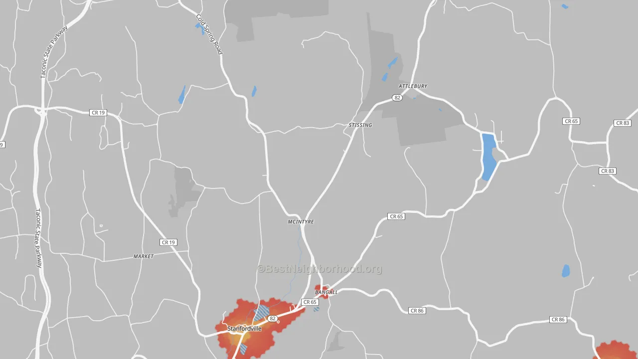 Walk Grade map of Stanfordville, NY, walkable areas in green and car-dependent areas in red