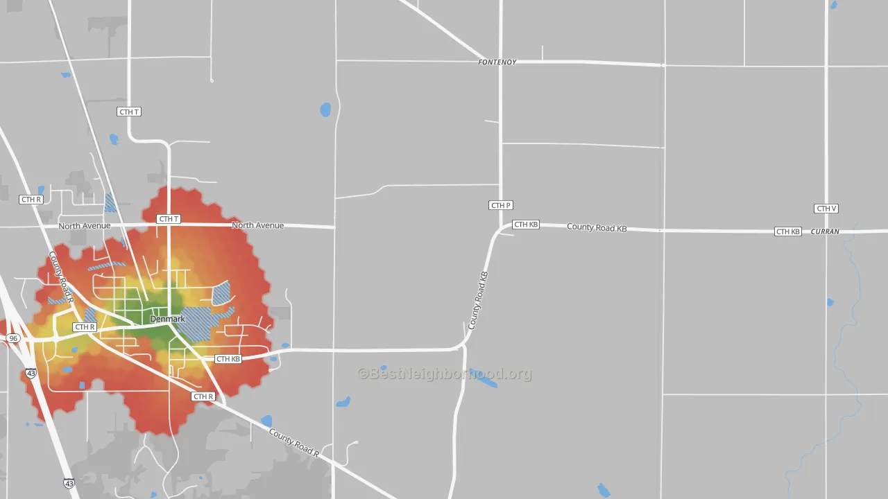 Walk Grade map of Stangelville, WI, walkable areas in green and car-dependent areas in red
