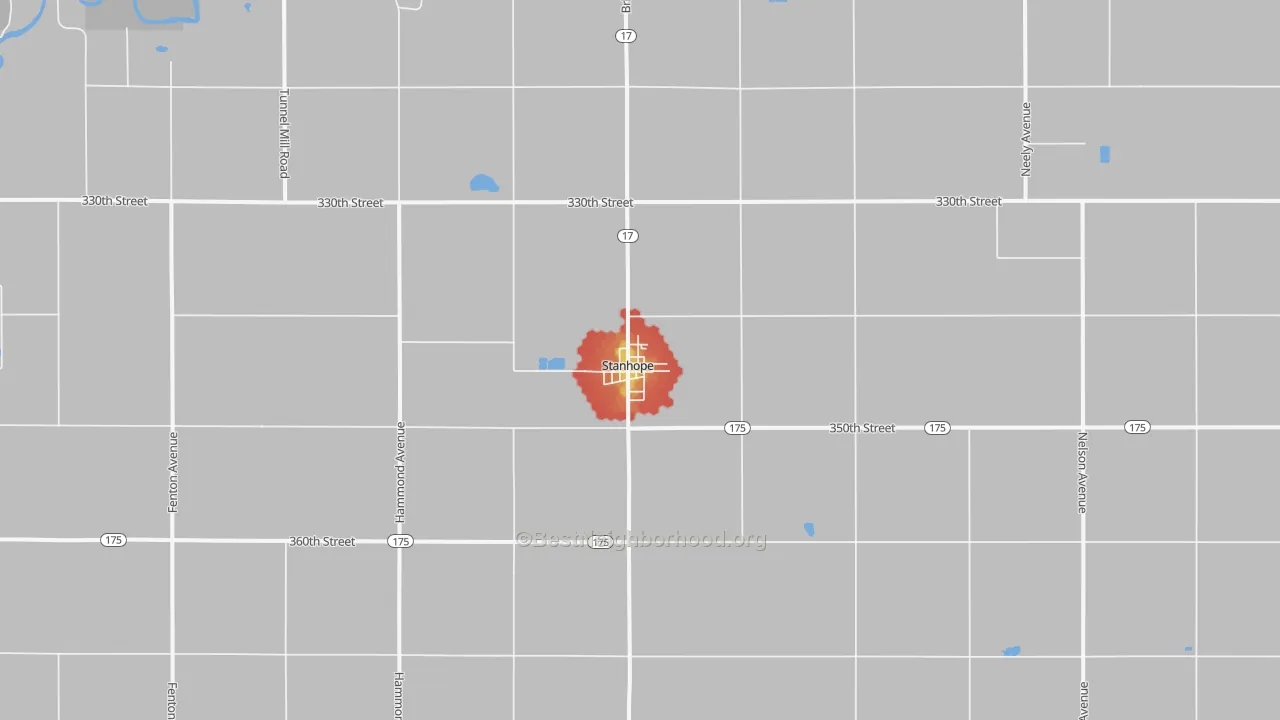 Walk Grade map of Stanhope, IA, walkable areas in green and car-dependent areas in red
