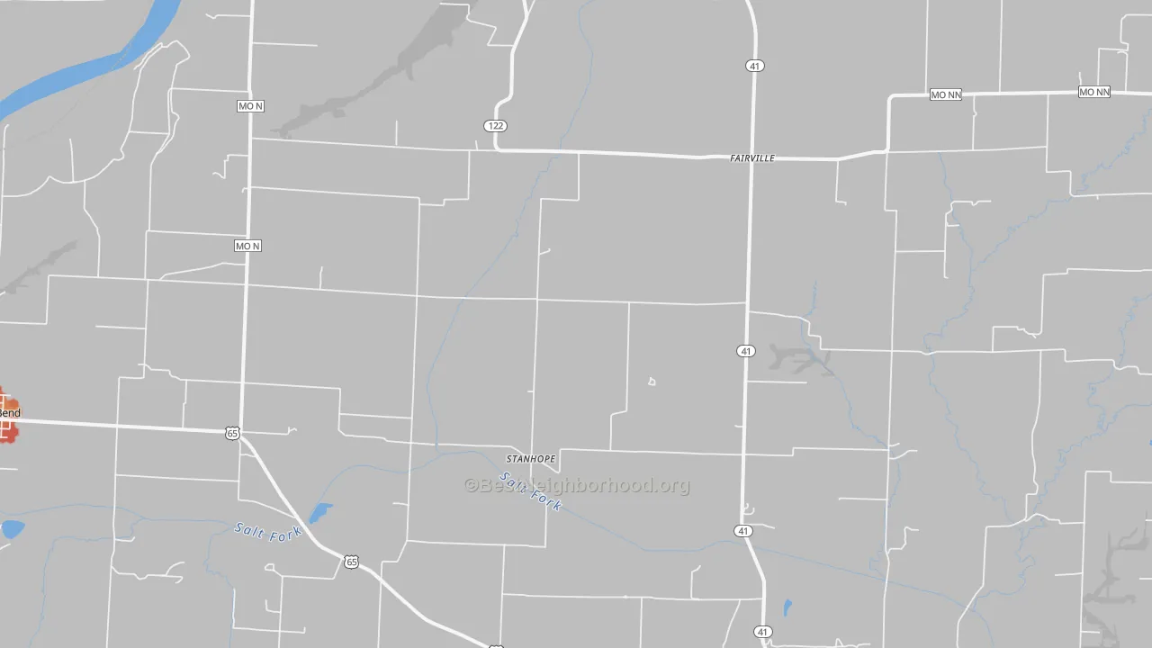 Walk Grade map of Stanhope, MO, walkable areas in green and car-dependent areas in red