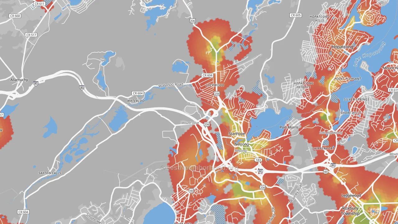 Walk Grade map of Stanhope, NJ, walkable areas in green and car-dependent areas in red