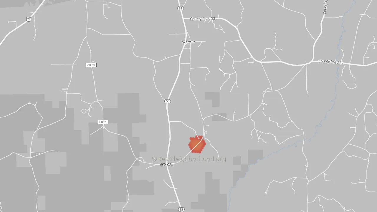 Walk Grade map of Stanley, AL, walkable areas in green and car-dependent areas in red