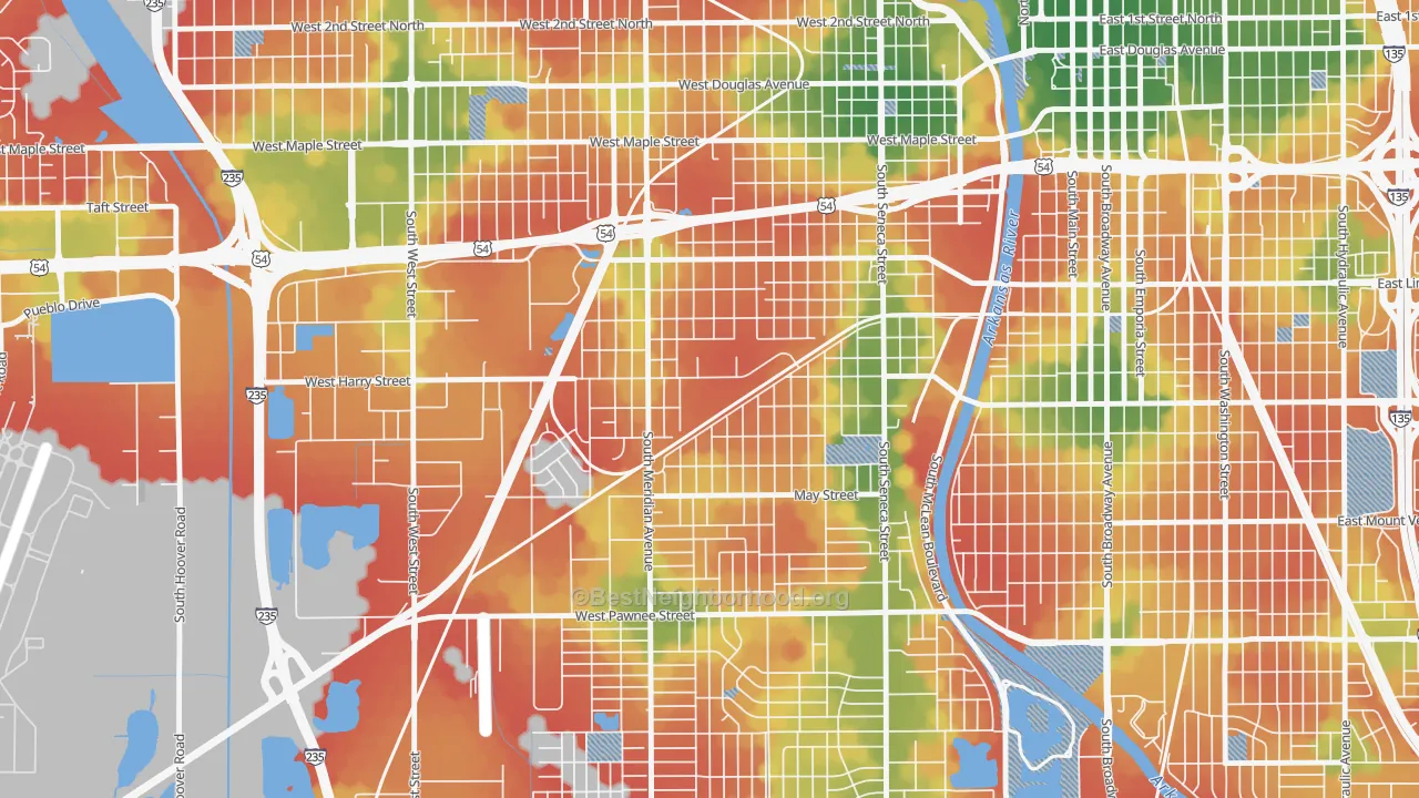 Walk Grade map of Stanley-Aley, Wichita, KS, walkable areas in green and car-dependent areas in red