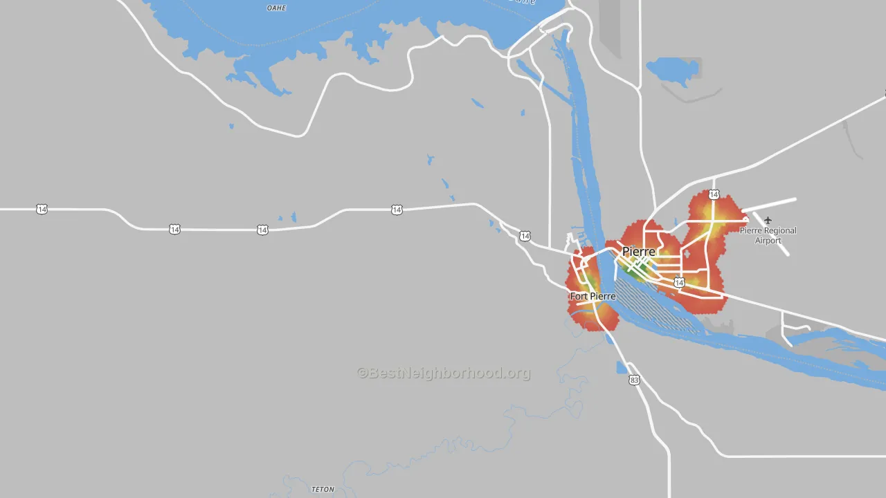 Walk Grade map of Stanley County, SD, walkable areas in green and car-dependent areas in red
