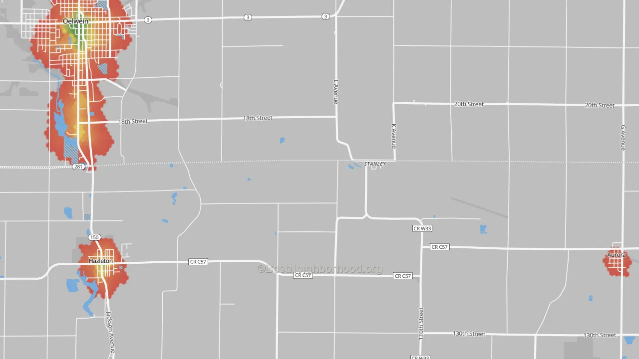 Walk Grade map of Stanley, IA, walkable areas in green and car-dependent areas in red